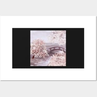 Sakura blooming trees, bridge on river watercolor. Cherry blossom scenery. Spring nature Posters and Art